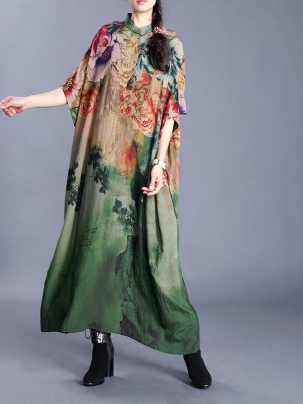 Loose Ethnic Print Silk Short Sleeve Midi Dress