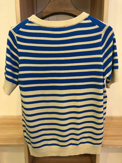 NAVY STRIPED ROUND NECK CASUAL KNITTING T-SHIRT