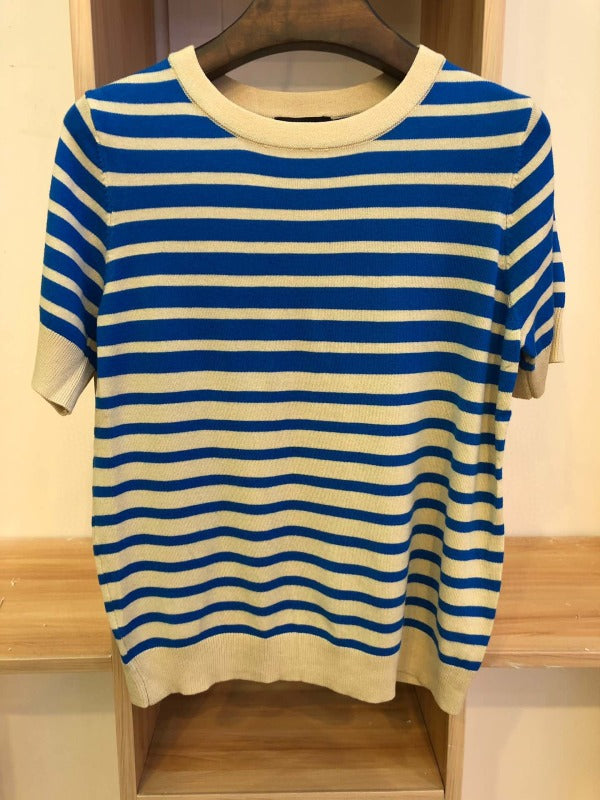 NAVY STRIPED ROUND NECK CASUAL KNITTING T-SHIRT