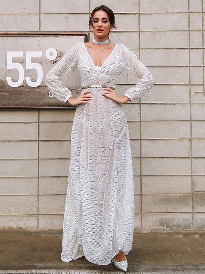 V-neck Flared Backless With Belt Maxi Dress