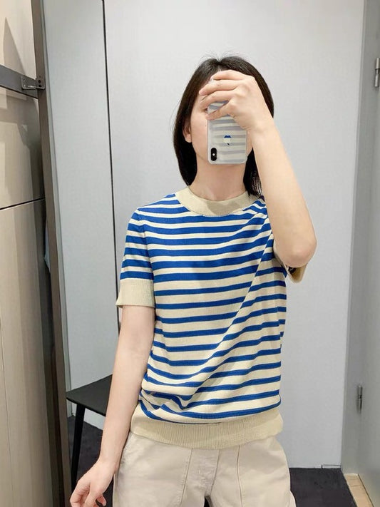 NAVY STRIPED ROUND NECK CASUAL KNITTING T-SHIRT