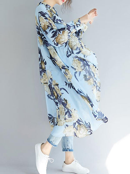 Loose Cropped Flower Printed Long Shirt