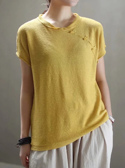 VINTAGE OBLIQUE BUCKLE KNIT STAND COLLAR T-SHIRT