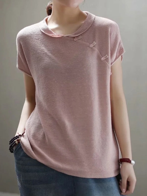 VINTAGE OBLIQUE BUCKLE KNIT STAND COLLAR T-SHIRT