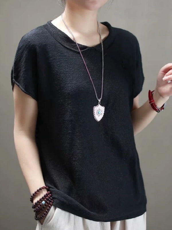 VINTAGE OBLIQUE BUCKLE KNIT STAND COLLAR T-SHIRT