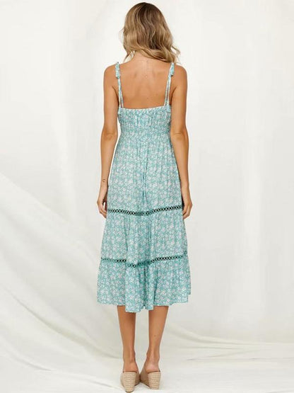 Printed Hollow Split-joint Spaghetti-neck Maxi Dress