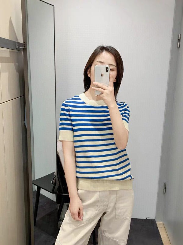 NAVY STRIPED ROUND NECK CASUAL KNITTING T-SHIRT