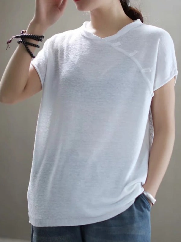 VINTAGE OBLIQUE BUCKLE KNIT STAND COLLAR T-SHIRT