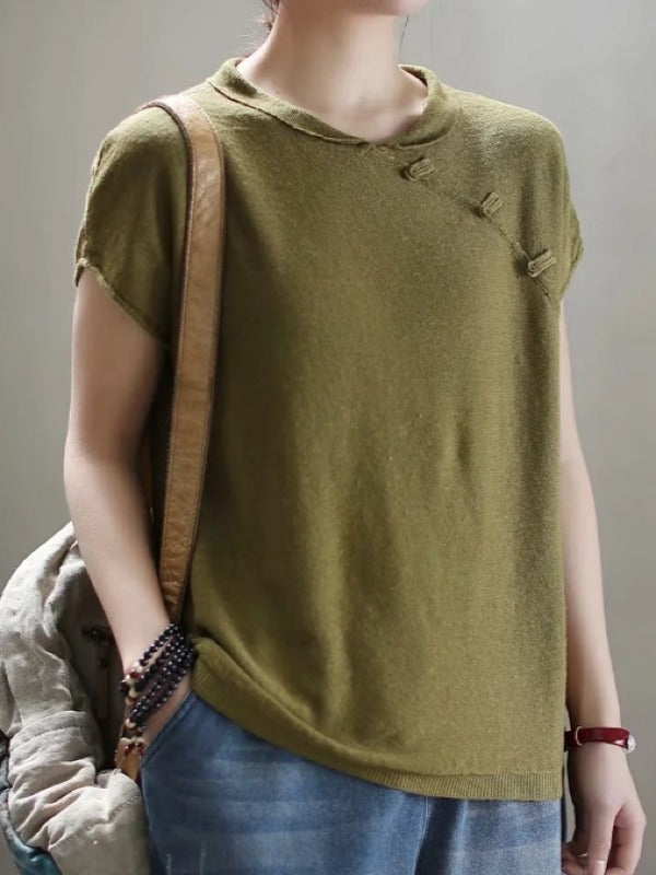 VINTAGE OBLIQUE BUCKLE KNIT STAND COLLAR T-SHIRT