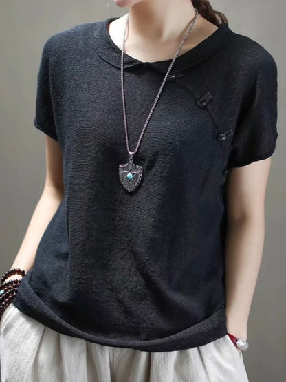 VINTAGE OBLIQUE BUCKLE KNIT STAND COLLAR T-SHIRT