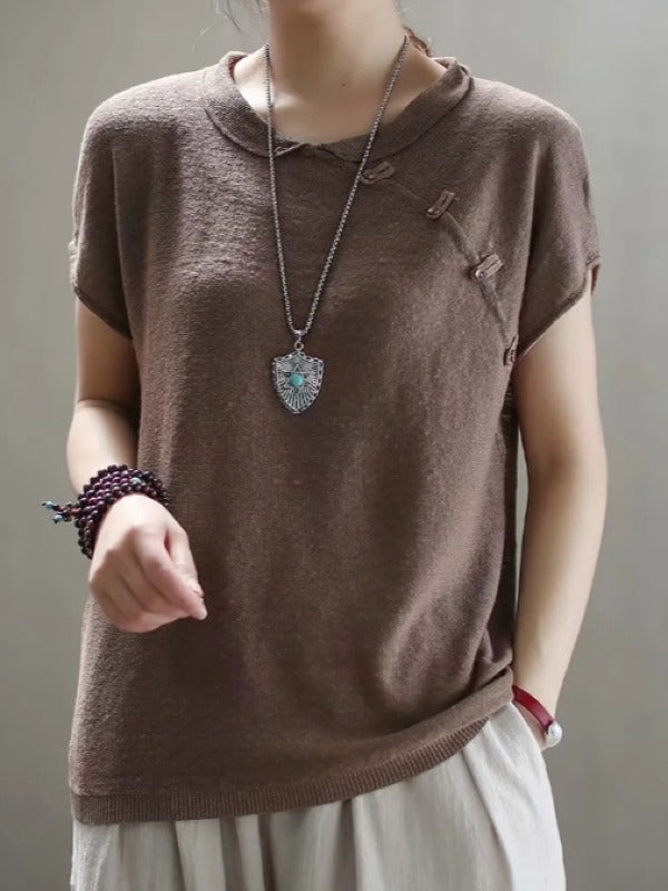 VINTAGE OBLIQUE BUCKLE KNIT STAND COLLAR T-SHIRT