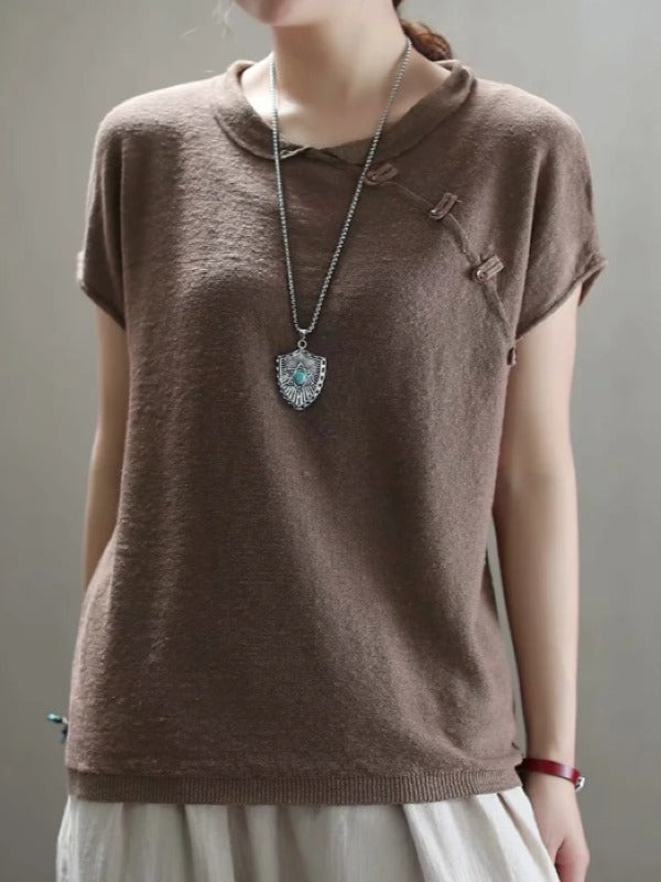 VINTAGE OBLIQUE BUCKLE KNIT STAND COLLAR T-SHIRT