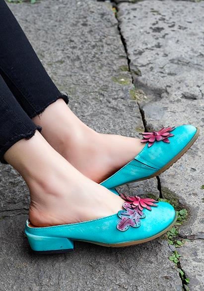 Genuine Leather Flower Decorated Round Toe Mules&Slides