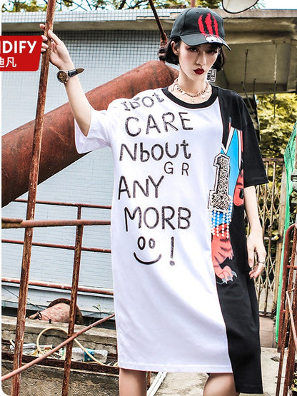 Loose Splicing Color Letter Beaded Print Cropped Long T-Shirt