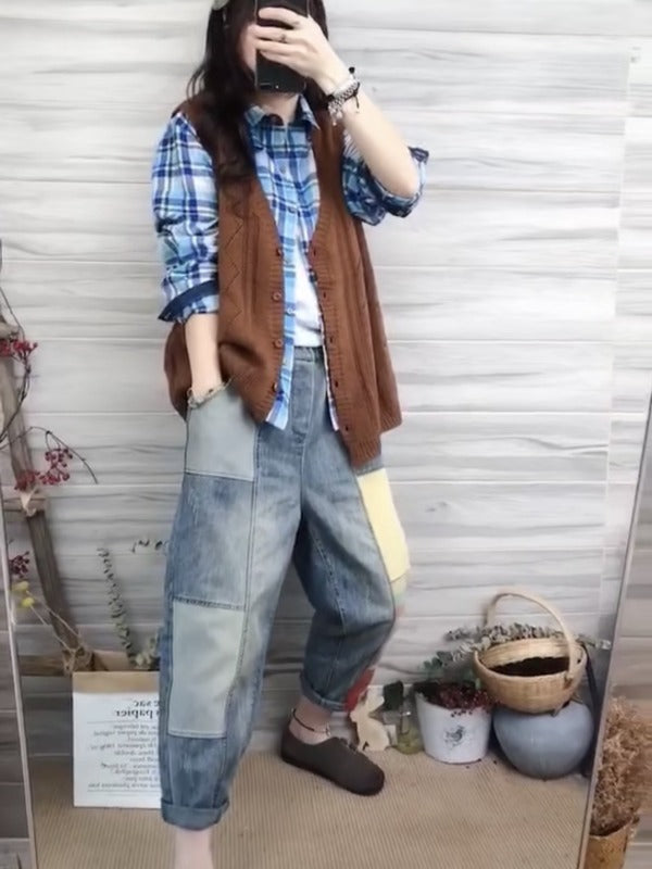 LOOSE SPLIT-JOINT RETRO HIGH-WAIST JEAN PANTS