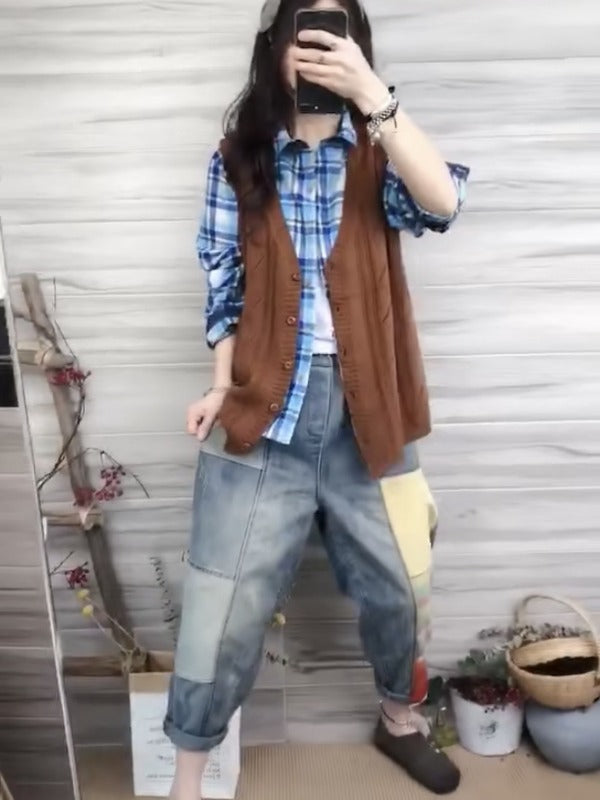 LOOSE SPLIT-JOINT RETRO HIGH-WAIST JEAN PANTS