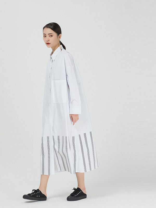 VINTAGE LOOSE STRIPED SPLICING SHIRT DRESS