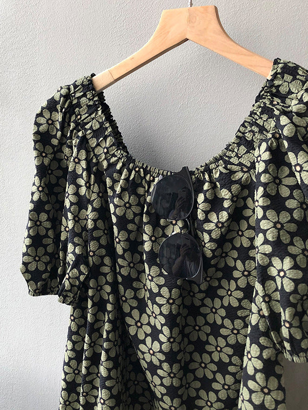 Loose Puff Sleeves Floral Printed T-Shirt