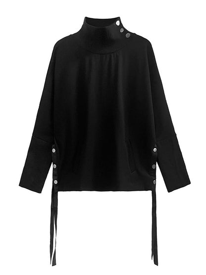 Stylish Selection Long Sleeves Buttoned Split-Side High-Neck Sweatshirt Tops