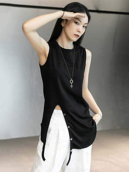 Simple Black&White Split-Side Sleeveless Round-Neck Vest