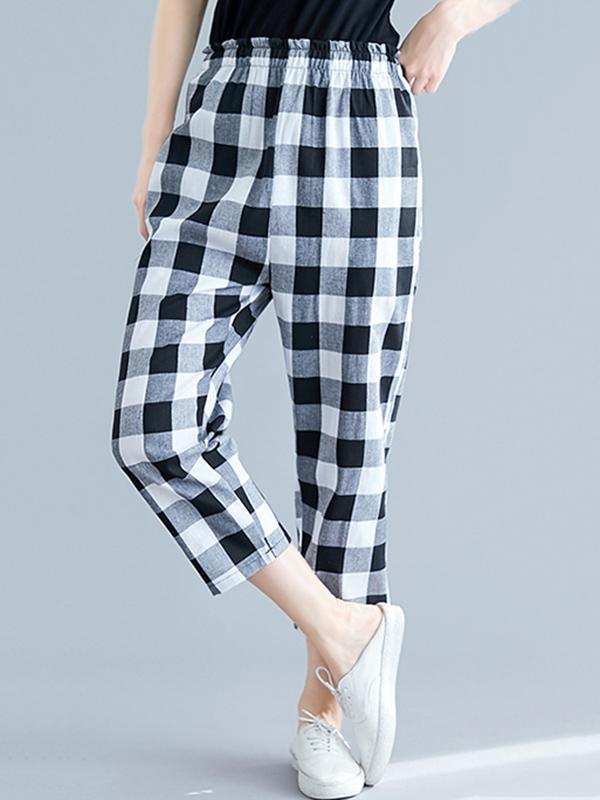 Loose Straight Leg Plaid Harem Pants