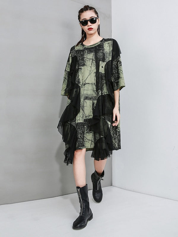 STYLISH CONTRAST COLOR MESH CROPPED SPLICING T-SHIRT