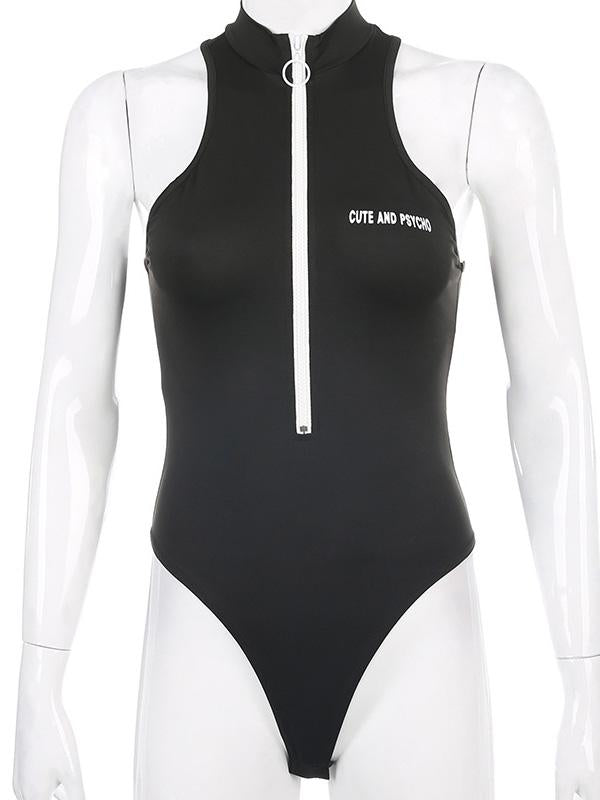 Sexy Letter Printed Zipper Sports Bodysuits