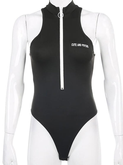 Sexy Letter Printed Zipper Sports Bodysuits