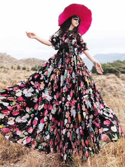 Pretty Bohemia Floral Half Sleeve Elastic Waist Round Neck Maxi Dress