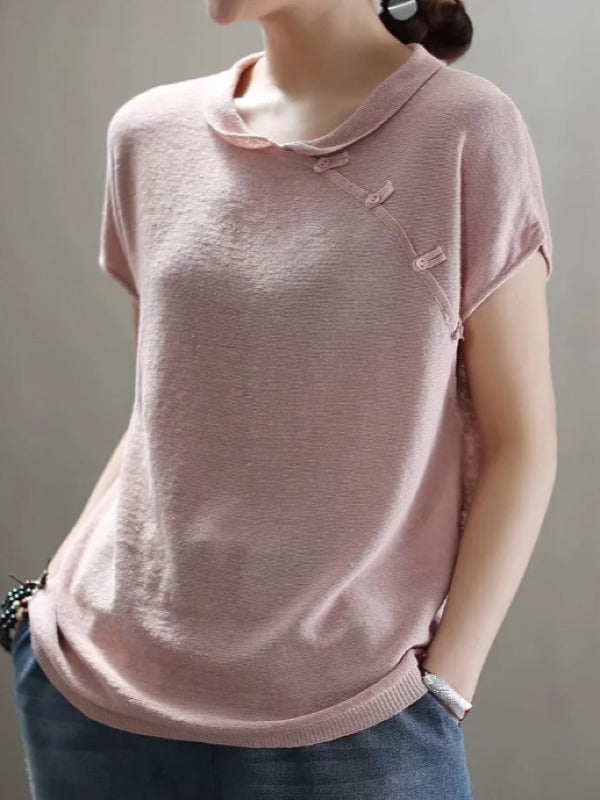 VINTAGE OBLIQUE BUCKLE KNIT STAND COLLAR T-SHIRT