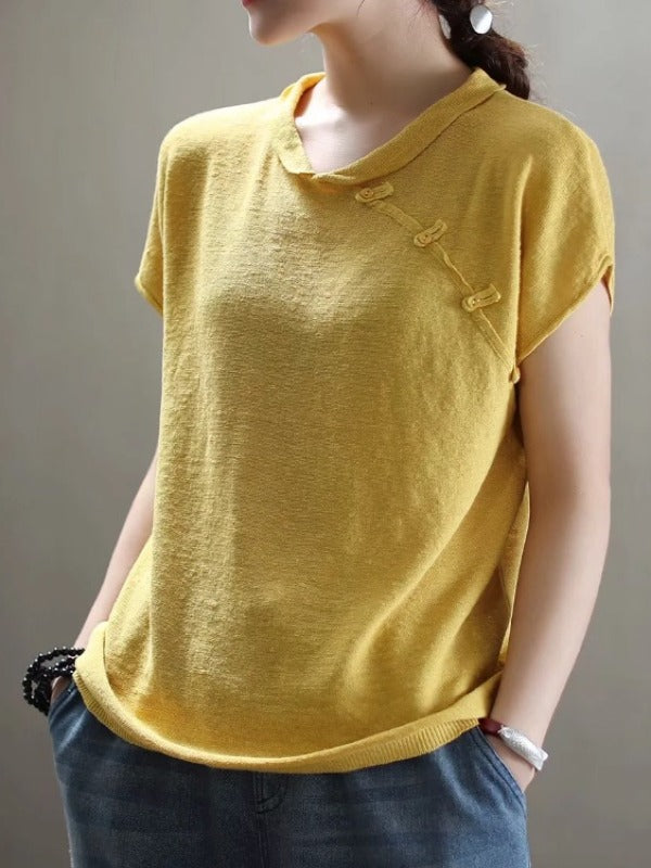 VINTAGE OBLIQUE BUCKLE KNIT STAND COLLAR T-SHIRT