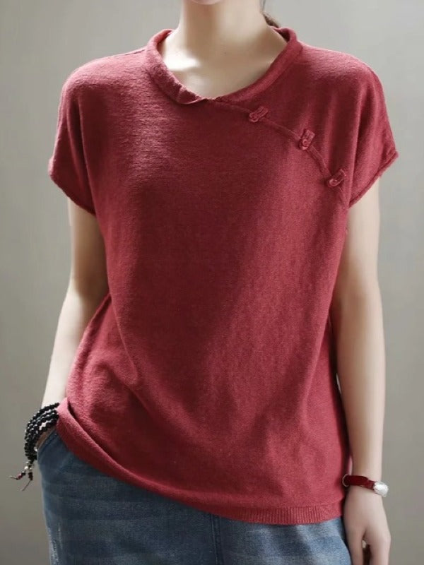 VINTAGE OBLIQUE BUCKLE KNIT STAND COLLAR T-SHIRT