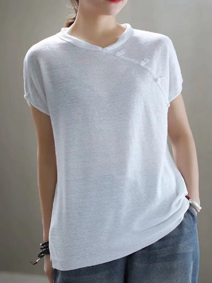 VINTAGE OBLIQUE BUCKLE KNIT STAND COLLAR T-SHIRT