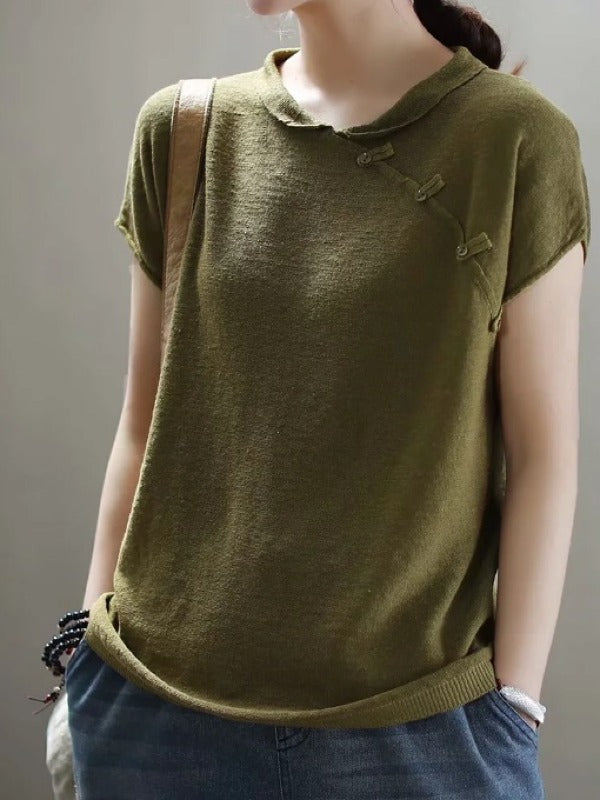 VINTAGE OBLIQUE BUCKLE KNIT STAND COLLAR T-SHIRT