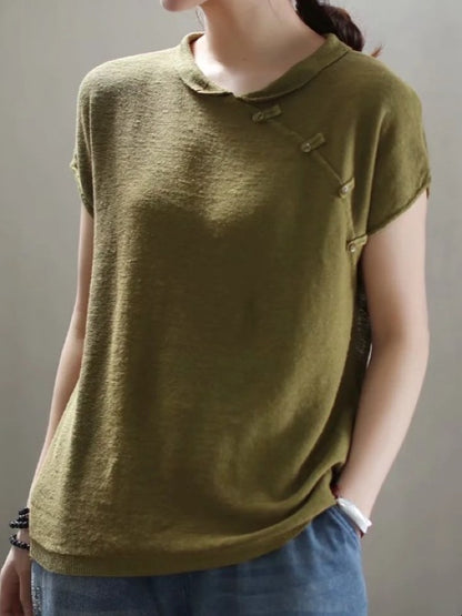 VINTAGE OBLIQUE BUCKLE KNIT STAND COLLAR T-SHIRT