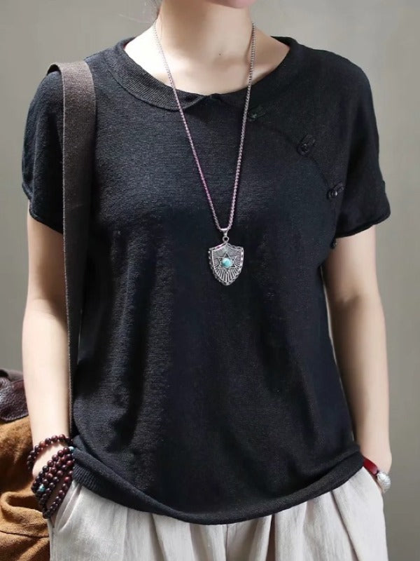 VINTAGE OBLIQUE BUCKLE KNIT STAND COLLAR T-SHIRT