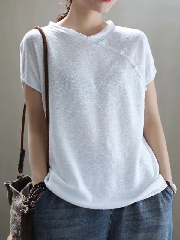 VINTAGE OBLIQUE BUCKLE KNIT STAND COLLAR T-SHIRT
