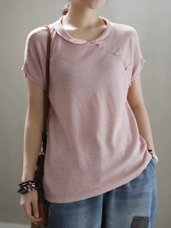 VINTAGE OBLIQUE BUCKLE KNIT STAND COLLAR T-SHIRT