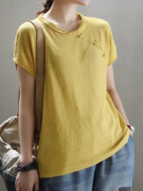 VINTAGE OBLIQUE BUCKLE KNIT STAND COLLAR T-SHIRT