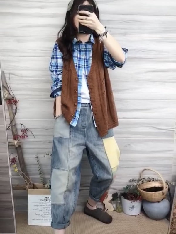 LOOSE SPLIT-JOINT RETRO HIGH-WAIST JEAN PANTS