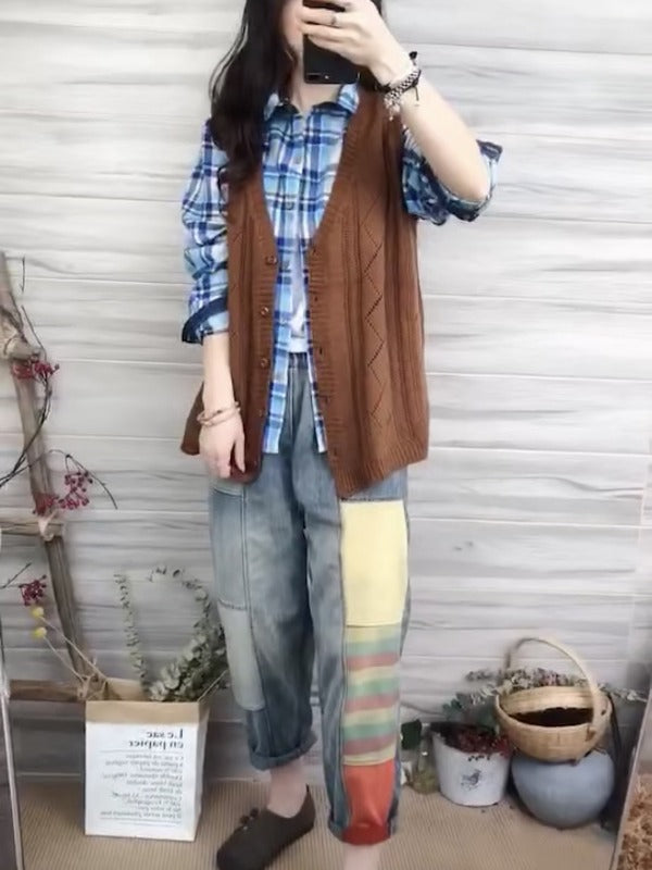 LOOSE SPLIT-JOINT RETRO HIGH-WAIST JEAN PANTS