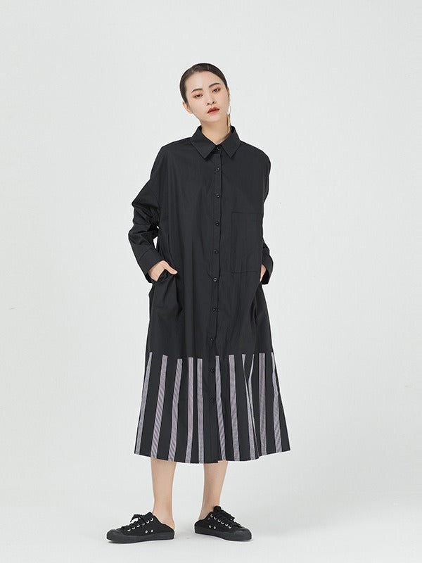 VINTAGE LOOSE STRIPED SPLICING SHIRT DRESS