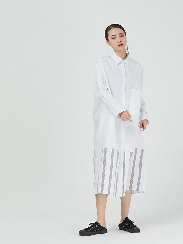 VINTAGE LOOSE STRIPED SPLICING SHIRT DRESS