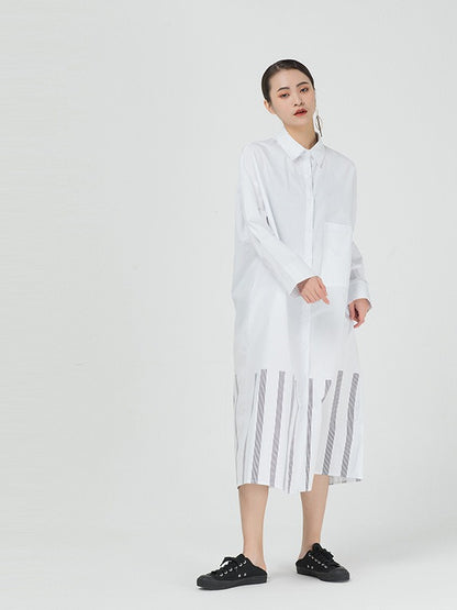 VINTAGE LOOSE STRIPED SPLICING SHIRT DRESS