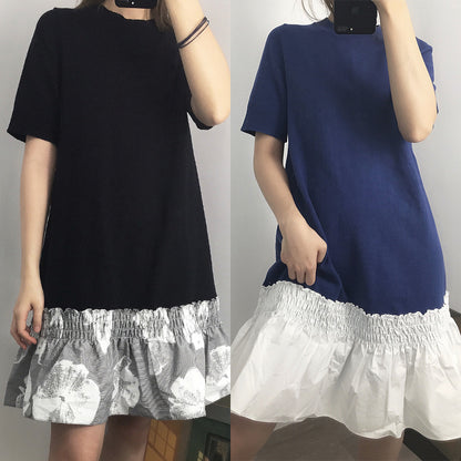 SPLICING FALBALA CONTRAST COLOR DRESS