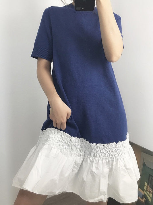 SPLICING FALBALA CONTRAST COLOR DRESS