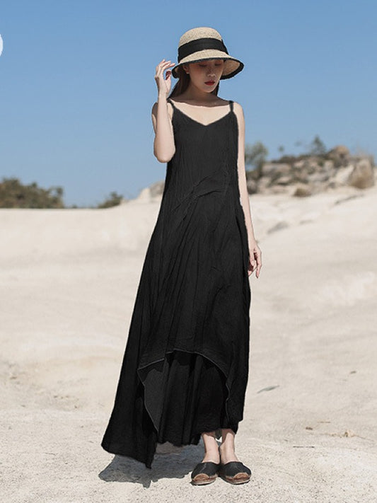 LINEN DOUBLE-LAYER GRADIENT SLEEVELESS MAXI DRESS