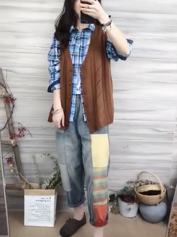 LOOSE SPLIT-JOINT RETRO HIGH-WAIST JEAN PANTS