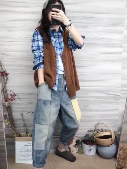LOOSE SPLIT-JOINT RETRO HIGH-WAIST JEAN PANTS