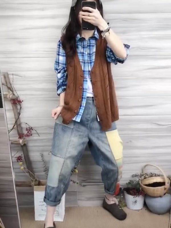 LOOSE SPLIT-JOINT RETRO HIGH-WAIST JEAN PANTS